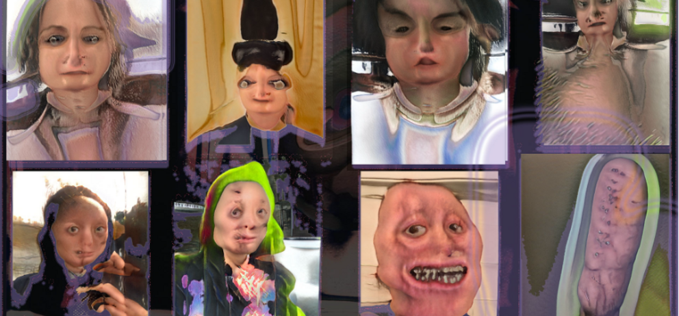 Eight AI-generated portrait photos with partially distorted facial features.