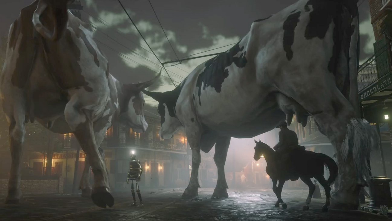 Ein Bild aus dem Spiel Red Redemption mit zwei riesigen Kühen, einem Roboter und der Silhouette einer Person auf einem Pferd, die durch eine Stadt reitet.