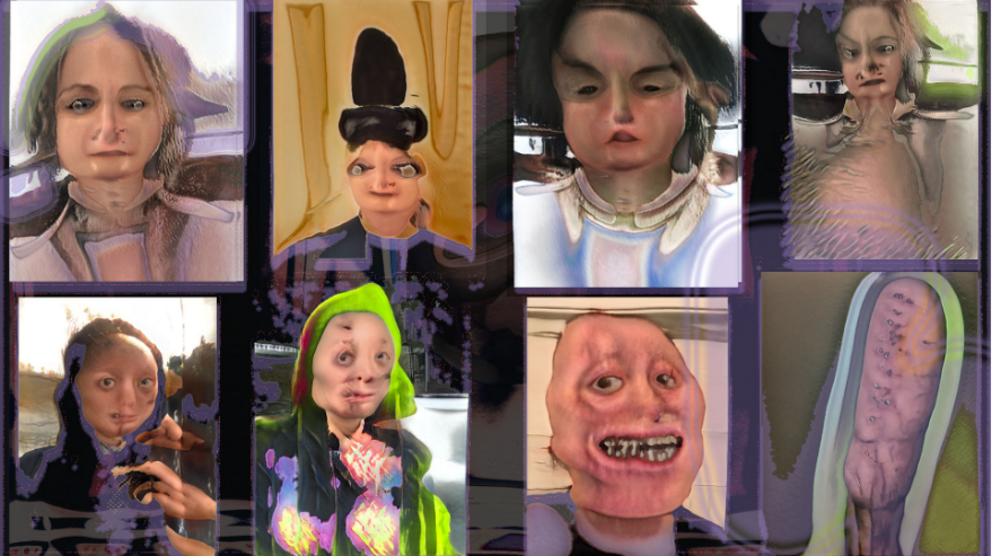 Acht KI-generierte Porträtfotos mit teils verzerrten Gesichtszügen.